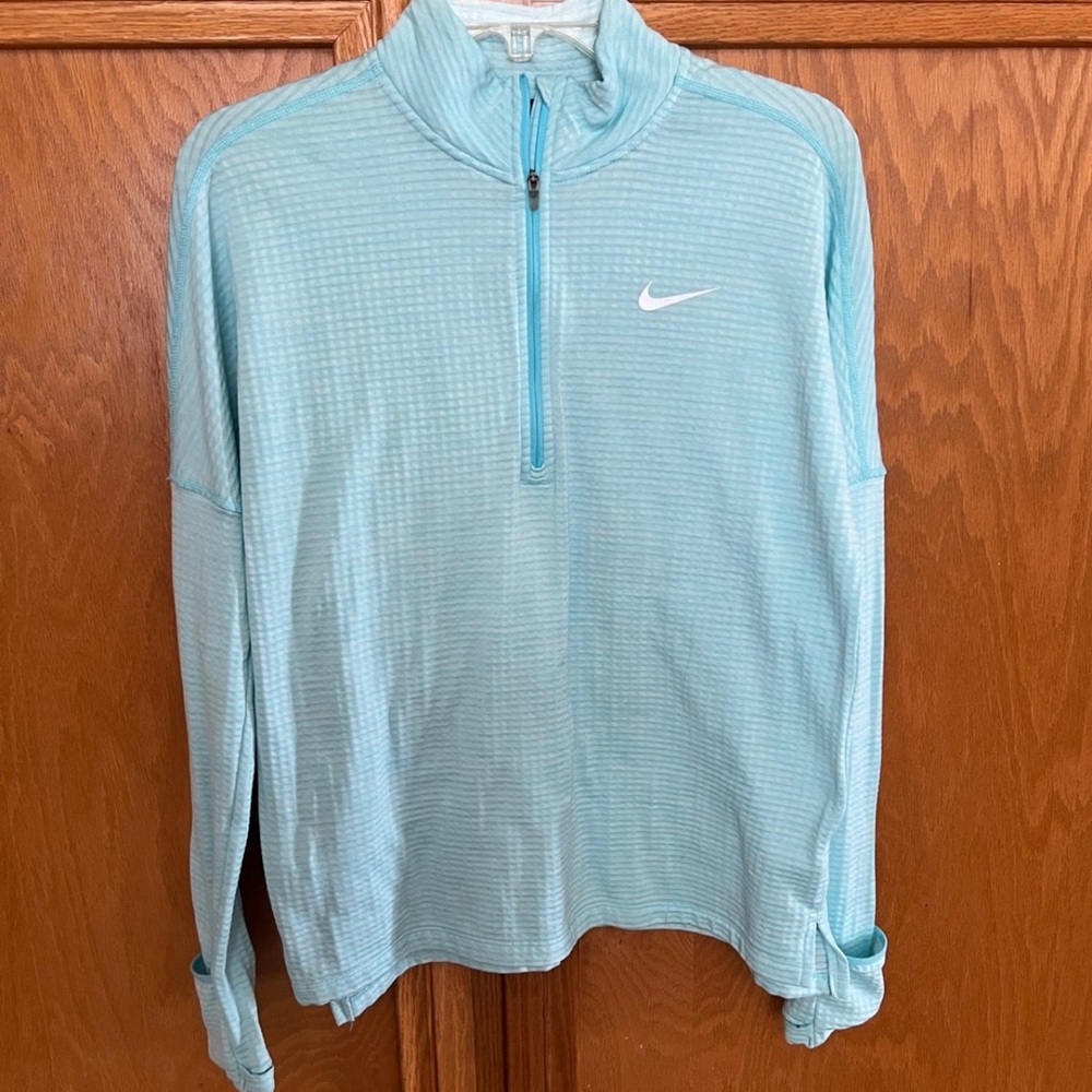 Nike Running Dri-Fit Top Size M lightweight Blue thumb hole &Hand Warmer 1/4 Zip